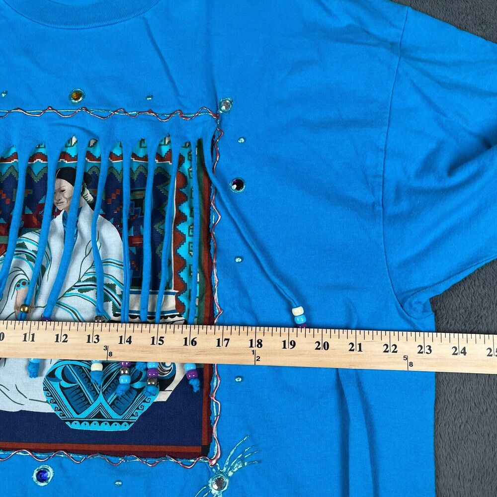 Vintage Native American Hanging Beads T Shirt 90s Blue Size XL Single Stitch - Picture 3 of 5